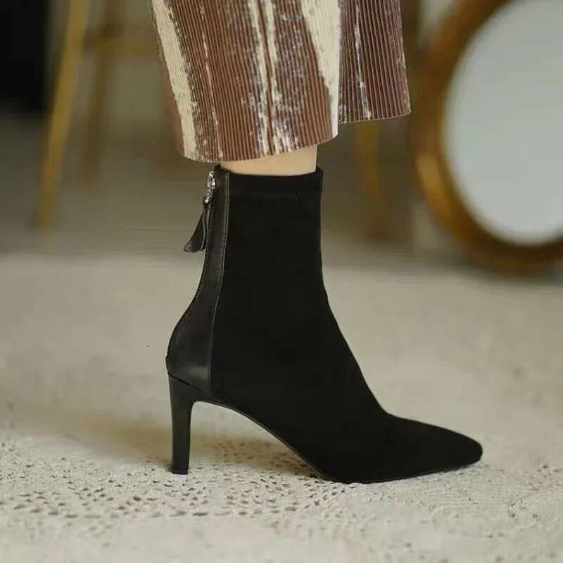 High Suede Women's Korean Style Autumn and Winter Mid Heel Stretch Thin Pointed Toe Back Zip Sock Boots Women