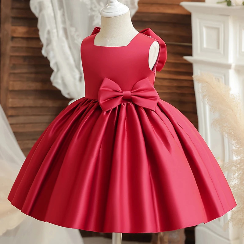 Big Bow Sweet Baby Girls Dress Solid Elegant Toddler Kids Christening Birthday Vestidos Weddings Party Kids Girls Princess Dress 250305