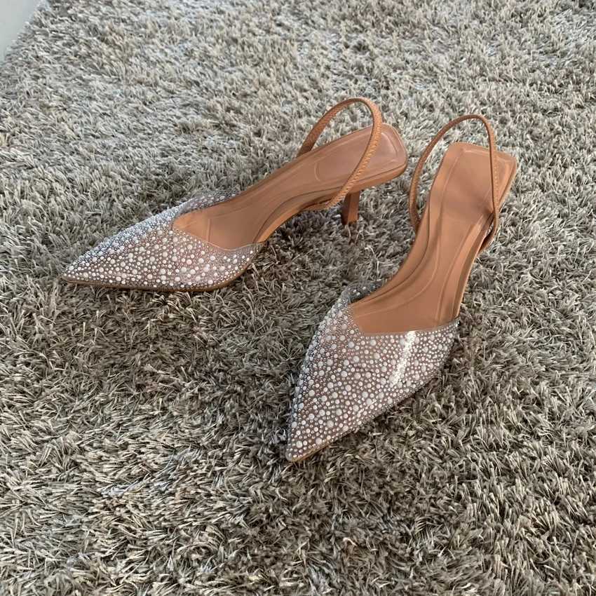 Summer Wens Pointed Toe High H Sandals Sexy Womens Shoes From Pearl Decorated Party Wedding Slingback Womens Sandals Shoes Y250306