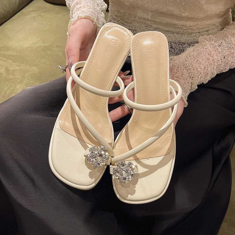 Wens Slippers Outdoor Crystal Heel Clip Toes Summer Soft Fabric High Ran Fi Wens Shoes Luxury Sandals Y250306
