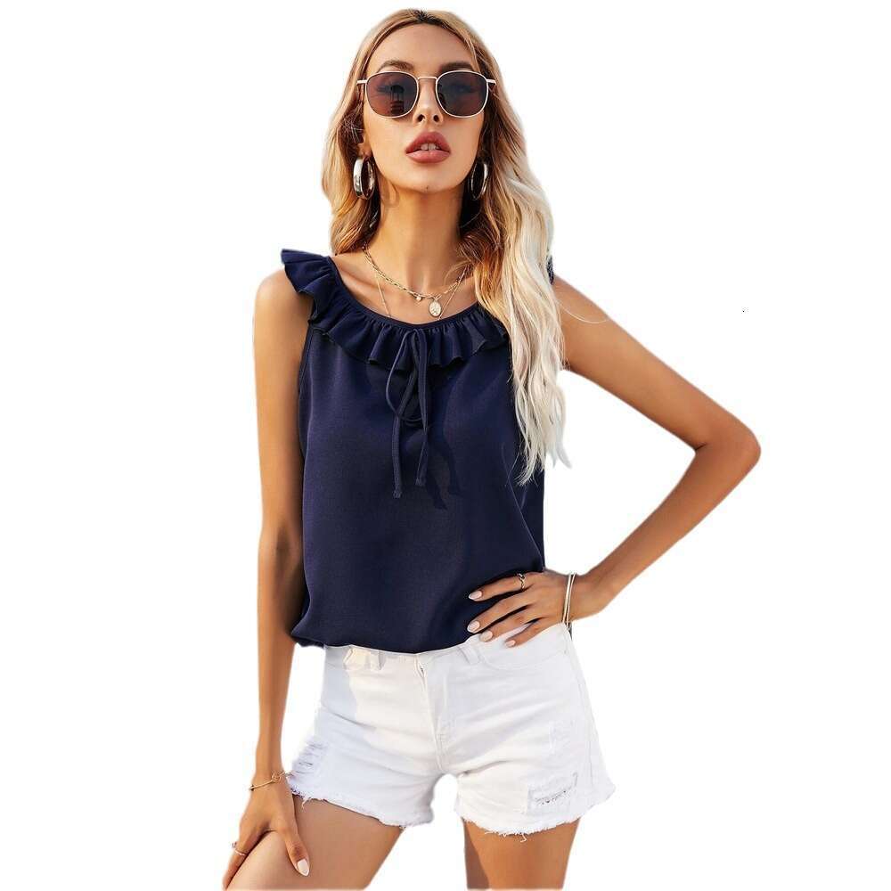 Women's Ruffle Edge Pullover Sleeveless Vest Shirt Solid Color Commuting Temperament Top KLMY