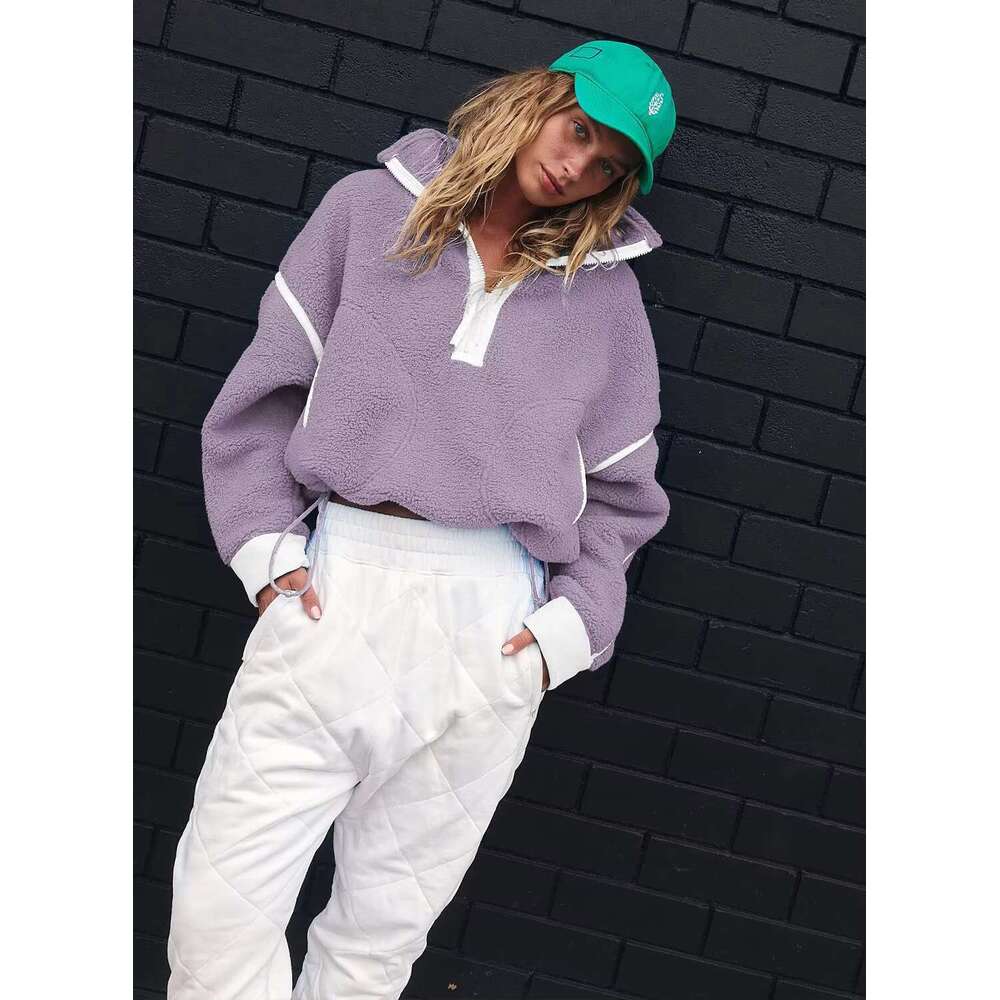 Fall Winter Fashion Casual Half Zip Turtleneck Pullover Hoodies Ladies Women's Sherpa Fleece Sweatshirt Wholesale