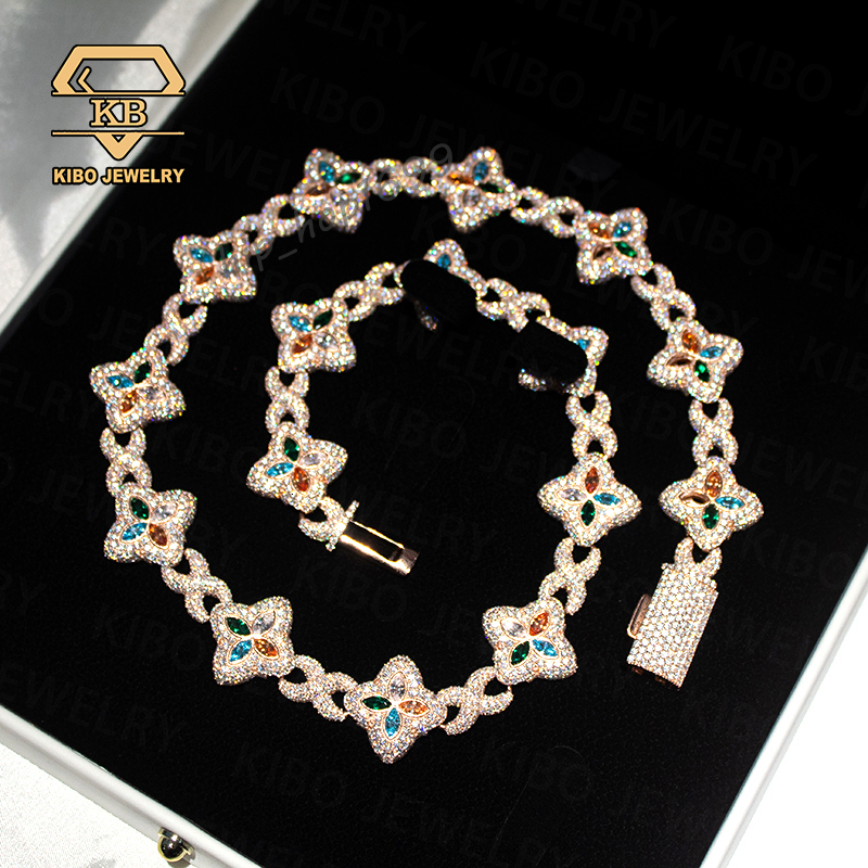 Fashion New Design Color Marquise Clover Hip Hop Moissanite 22mm 925 Sterling Silver Cuban Link Chain Infinity Necklace