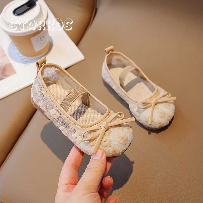 Floral Embroidery Lace Ballet Flats Baby Girls 2023 Summer New Breathable Mesh Ballerinas Kids Cute Wedding Party Dress ShoesT250306