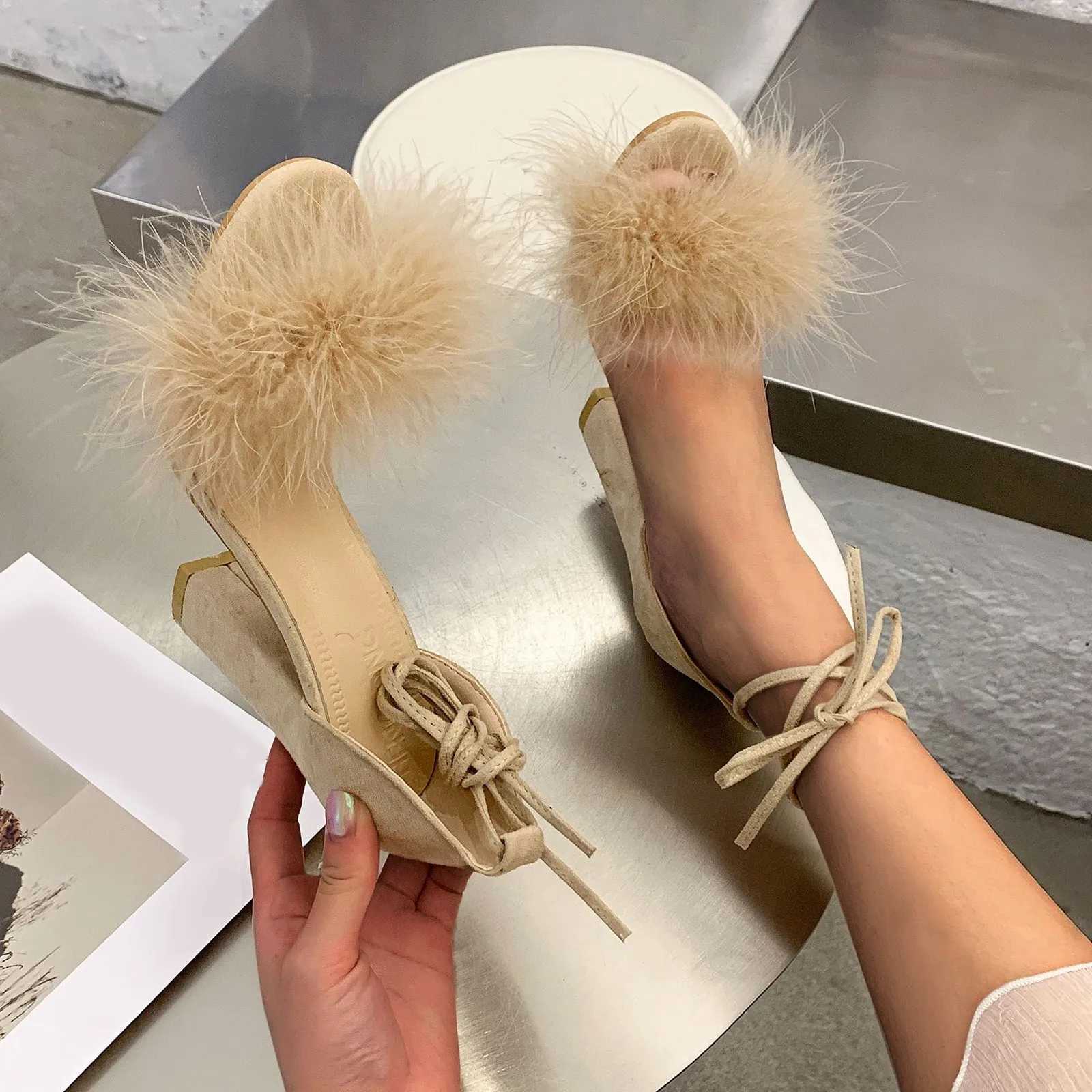 Heel Ran Shoes Thick Heel Super Feathers High Sandals Summer 2024 Ankle Straps Suede Sandals Elegant Heeled Shoes Sandals Y250306