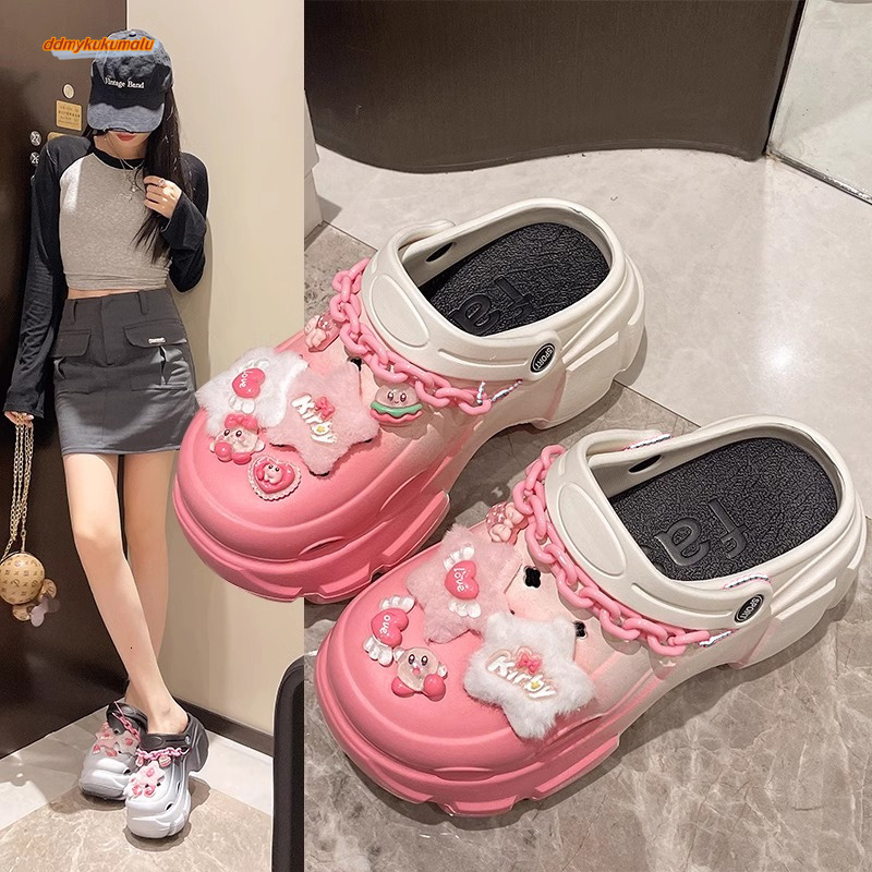 Dopamine thick soled hole shoes wearing summer, anti slip and increased in height, fairy style beach, two pairs of wrapped half slippers for women #dd