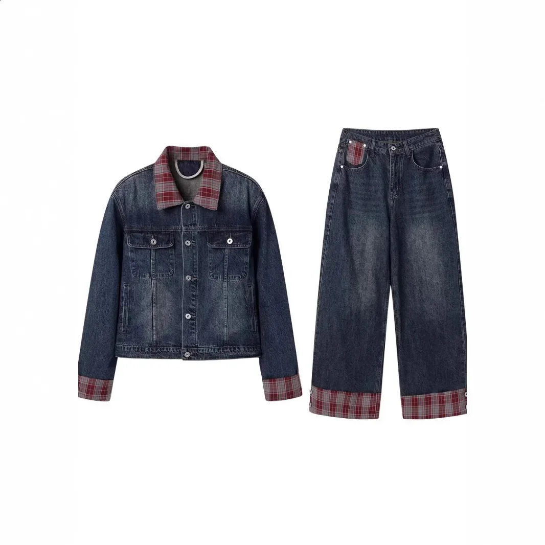 Trendy American Style Plaid Patchwork Lapel Denim Jacket High-End Vintage Mens Suit Two-Piece Set Casual Scene 250303