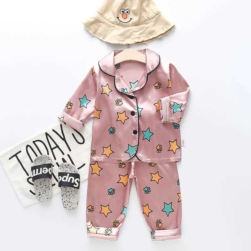 Toddler Girls Silk Satin Pyjamas Sets Cartoon Kids Boys Pyjamas Baby Sleepwear Suit Girl Casual Home Wear Clothes Boy Loungewear M250306