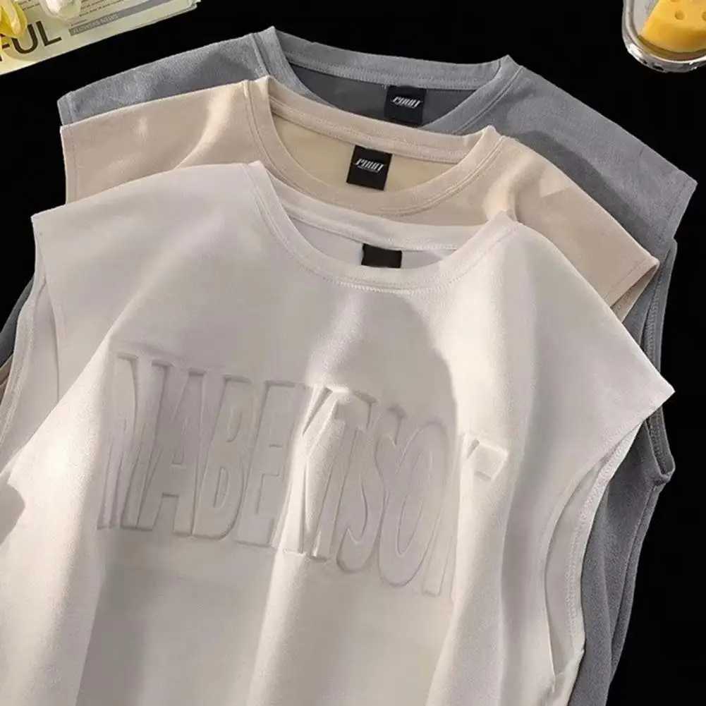 Men Tank Tops For Summer Solid Color O-neck Sleeveless Suede Vest Letter Pattern Pullover Tops Wide Shoulder Straps Male VestT250318