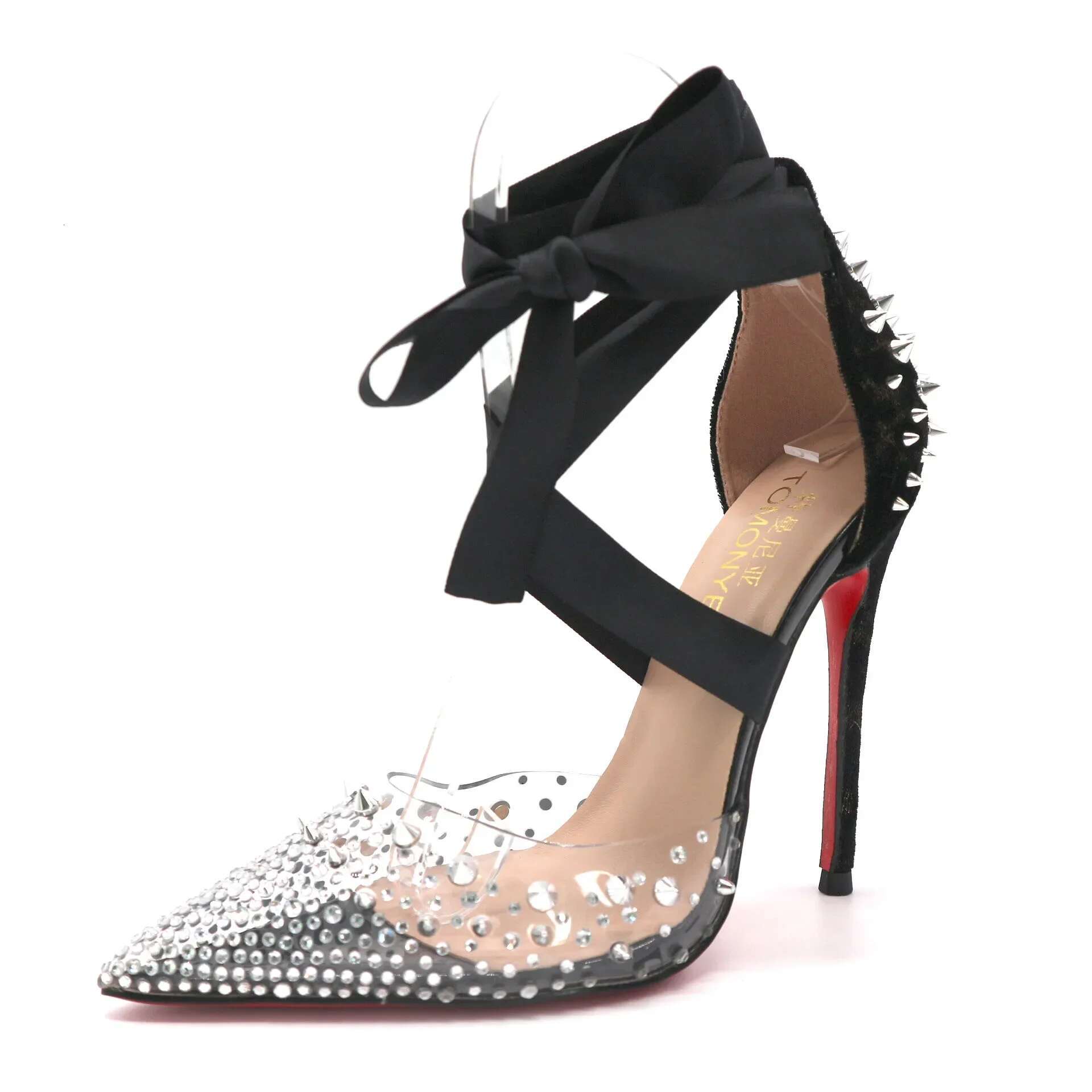 Transparent PVC rhie willow nail leopard print black gold camouflage veet heel tied ribbon high-heeled sandals