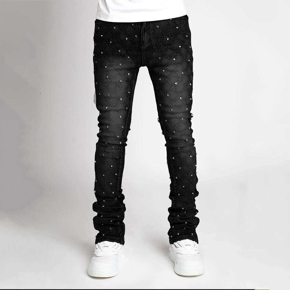 Men's personality straight leg European and American Instagram hot item elastic pearl denim layered men's pants 2025 new casual versatile fa