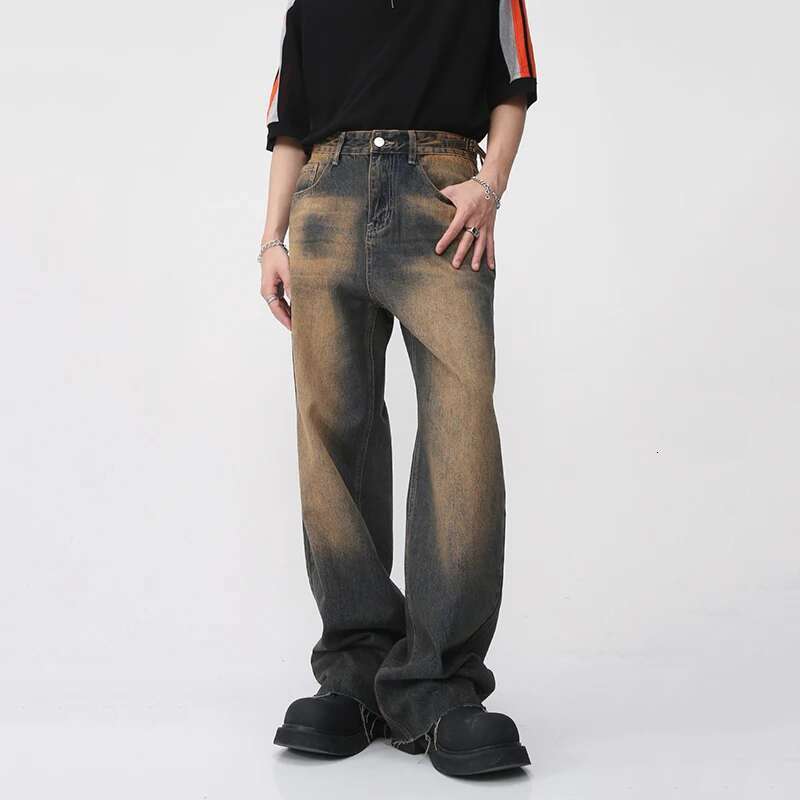 IEFB Vintage Men's Burrs Jeans Summer New Gradient Color Straight Denim Pants High Street Male Casual Wide Leg Trousers 9W460