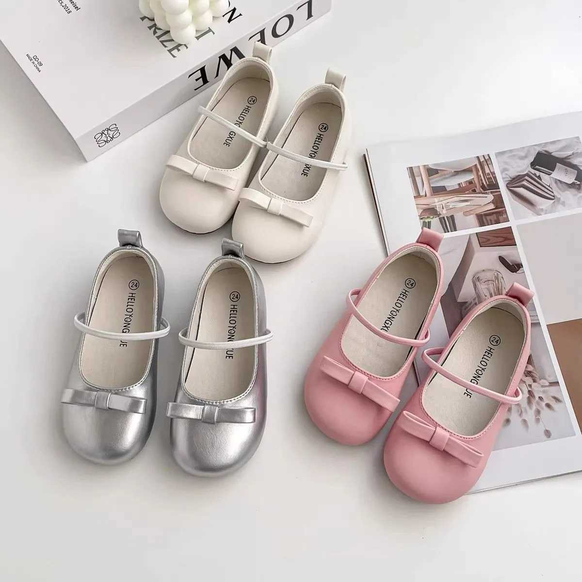 Children Princess Shoes Elastic Band Shallow Soft Little Girls Ballet Flats Four Colors 23-32 Leisure Pu Leather Kids ShoesT250306