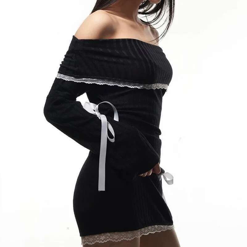Strapless Sexy Black Dress Women Autumn Off Shoulder Long Sleeves Lace Knitting Bandage Mini Dresses Slim Elegant Club Partywear KLMY