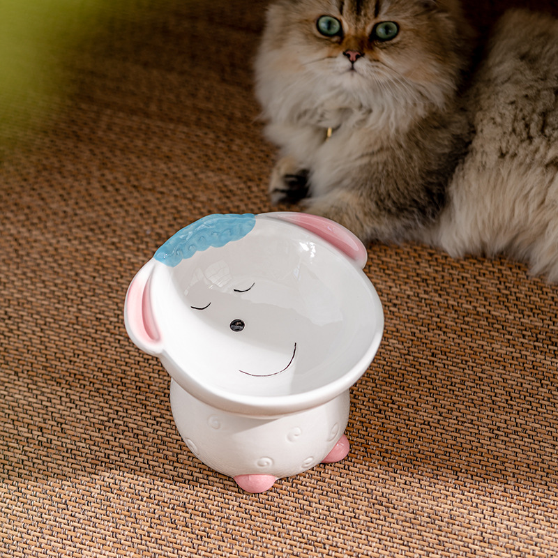 Porcelain Raised Cat Bowl, Cute Little Animals Tilted Cat Food Bowl Elevated Porcelain Pet Bowl Protect Pets Spine, Anti Vomit Prevent Tipping Over J2