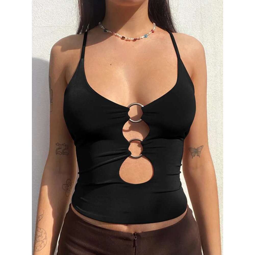 Straps Solid Crop Top Tshirt Summer Sexy Hollow Out Vest Women Streetwear Y2k Party Club Camis Female KLMY