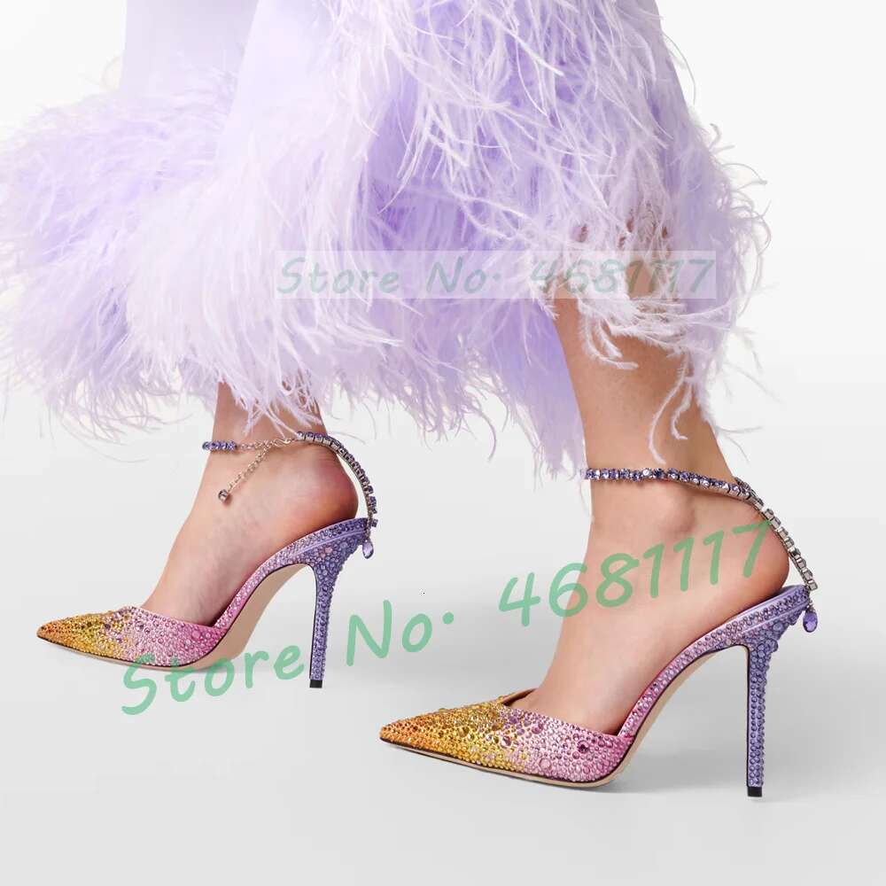 Shiny Gradient Crystal Pointed Toe Satin Sandals Women Wedding Colored High Heels Bg Ankle Strap Evening Dress Shoes