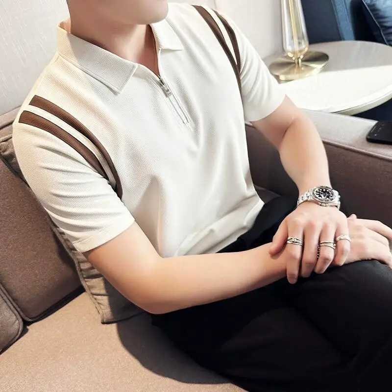 Summer High Elastic Stripe Short Sleeve Polo Shirts 2023 Mens Business Casual Zipper T-shirt Tops Streetwear Plus Size 4XL-M X250306