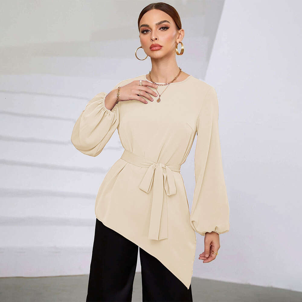 Spring/Summer Style Irregular Top Wrapped Waist Long Sleeved Women's Shirt KLMY