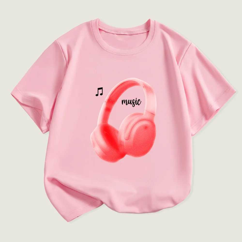 Ring Summer Casual Short-sleeved T-shirt Music Earphones Printed Round Neck Comfortable Childrens Clothing Girl Boys ClothesT250306