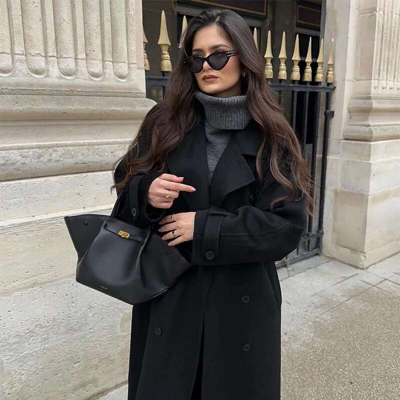 Street Long Trench Coats With Belt Women Black Loose Lapel Double Breasted Full Sleeve Overcoat 2025 Early Spring Lady Outwears