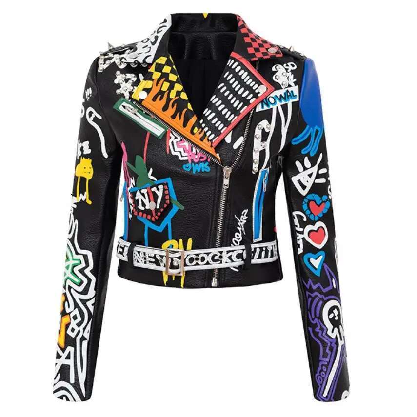 Rivet Beading Pu Leather Jacket Women Graffiti Colorful Print Biker Jackets And Coats PUNK Streetwear Jacket