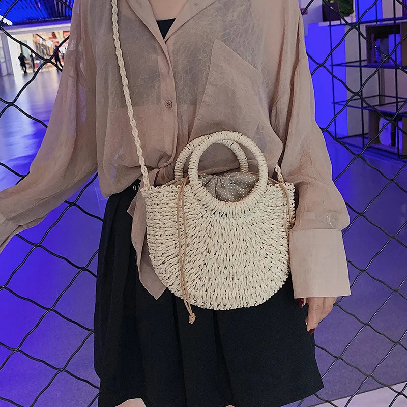 Half-Round Rattan Beach Bag Women Large Capacity Handle Bag Summer Beach Bags Travel Weave Handle Bag Bohemia Shoulder Bag 250303