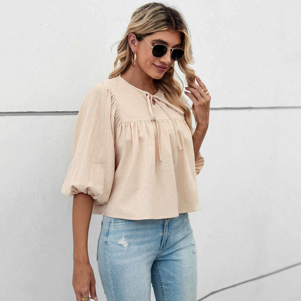 Round Neck Bow Loose Fit Five Quarter Sleeve Women's Pullover Sweet Top KLMY