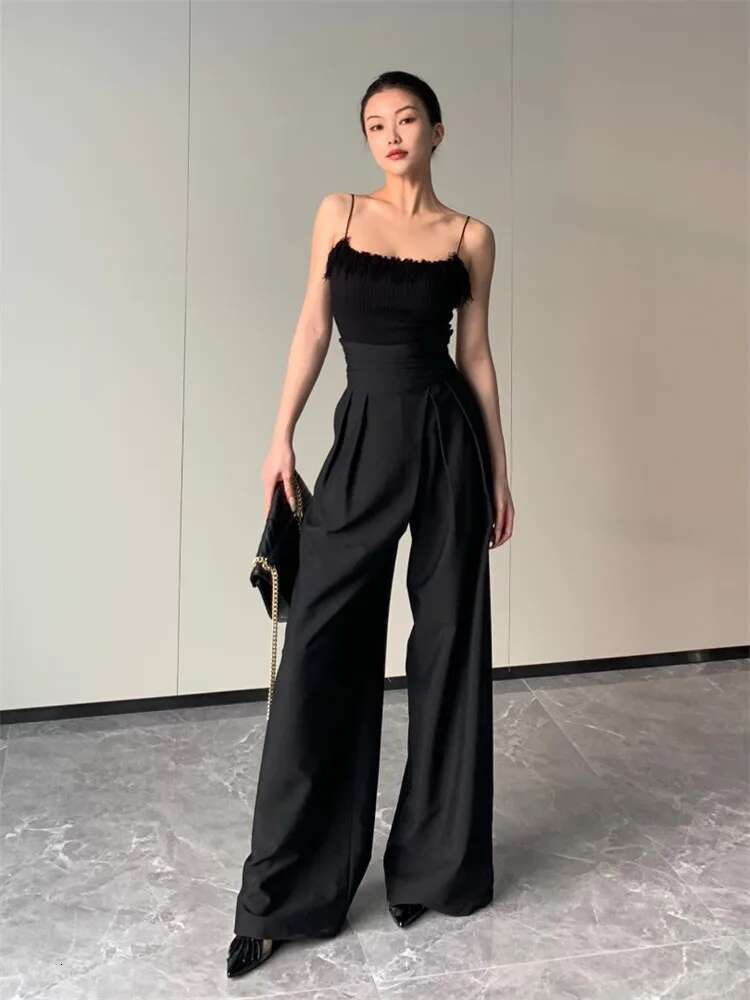 Plusizeshe Spring Autumn Long Soft Black Baggy Wy Wide Leg Pants For Women High Waist Elegant Chic Clothes Trousers