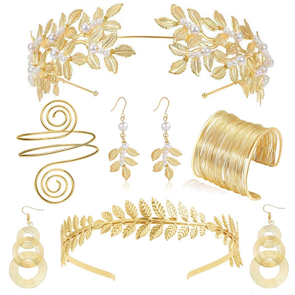 Greece Greek Goddess Cosplay Party Jewelry Baroque Golden Leaf Crown Bridal Headwear Halloween Accessories Earring Cuff Bracelet Hairabnd jewelry
