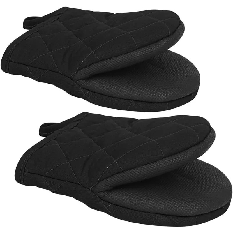 1 Pair Short Oven Mitts Silicone Kitchen Oven Gloves High Heat Resistant 500 with Non Slip Grip Surfaces and Hanging Loop Black 250305