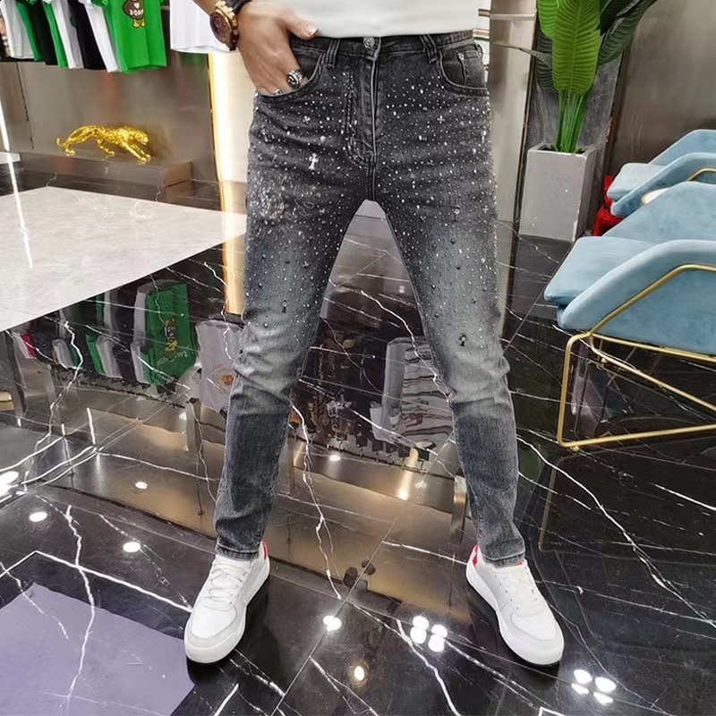 2023 Spring Trendy Brand Jeans Mens Light Grey Heavy duty Hot Diamond Fashion Casual Slim fit Small Leg Pants241206