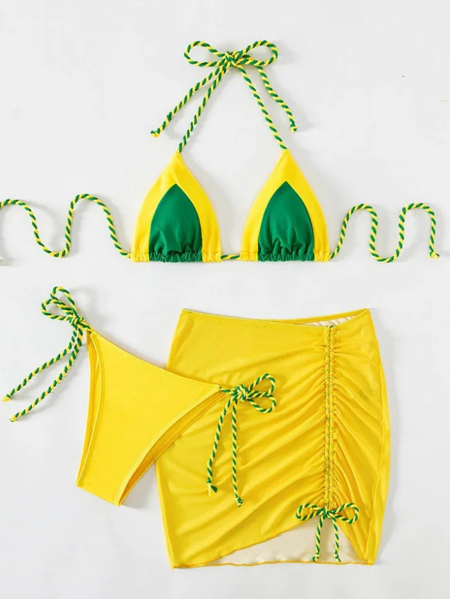 3piece swimsuit womens thong sexy striped bikini with sarong drag skiing beach yellow green 250306