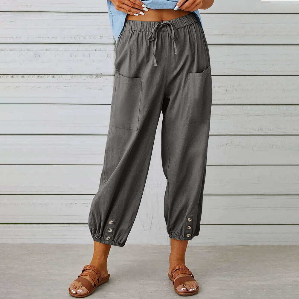 European American Loose High Waist Button Cotton and Hemp Nine Wide Leg Women's Pants 2025 New Casual Versatile Fashion Clothing