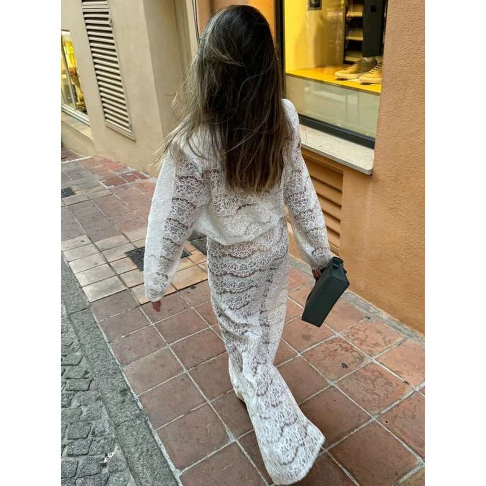 Sibybo Streetwear Lace Sets For Women Sexy Deep V Neck Loose Tops High Waist Wide Leg Pants Two Piece Matching Outfits KLMY