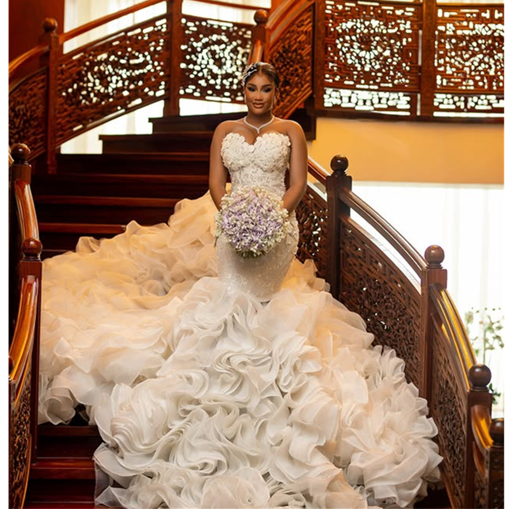 Luxury Strapless Mermaid Wedding Dress Long Puff Ruffles Bridal Gowns Beadings Backless Sleeveless Floral Brides Dress Vestidos De Novia Plus Size