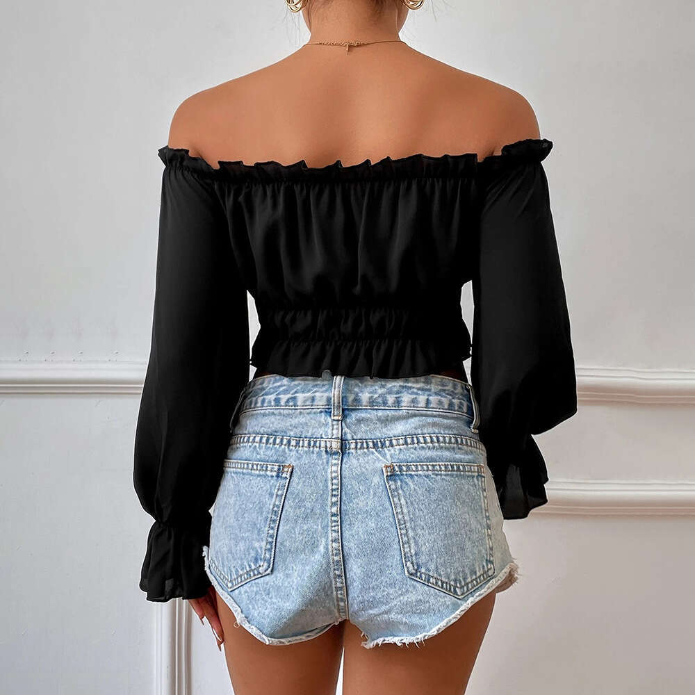 Autumn Sexy Casual Home Collection Waist With Wooden Leaf Edges, Long Sleeve Women's Shirt Top KLMY