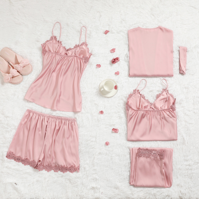 Chic Women's Boudoir Outfit - Simulated Silk Pajama Set Featuring Delicate Lace Design