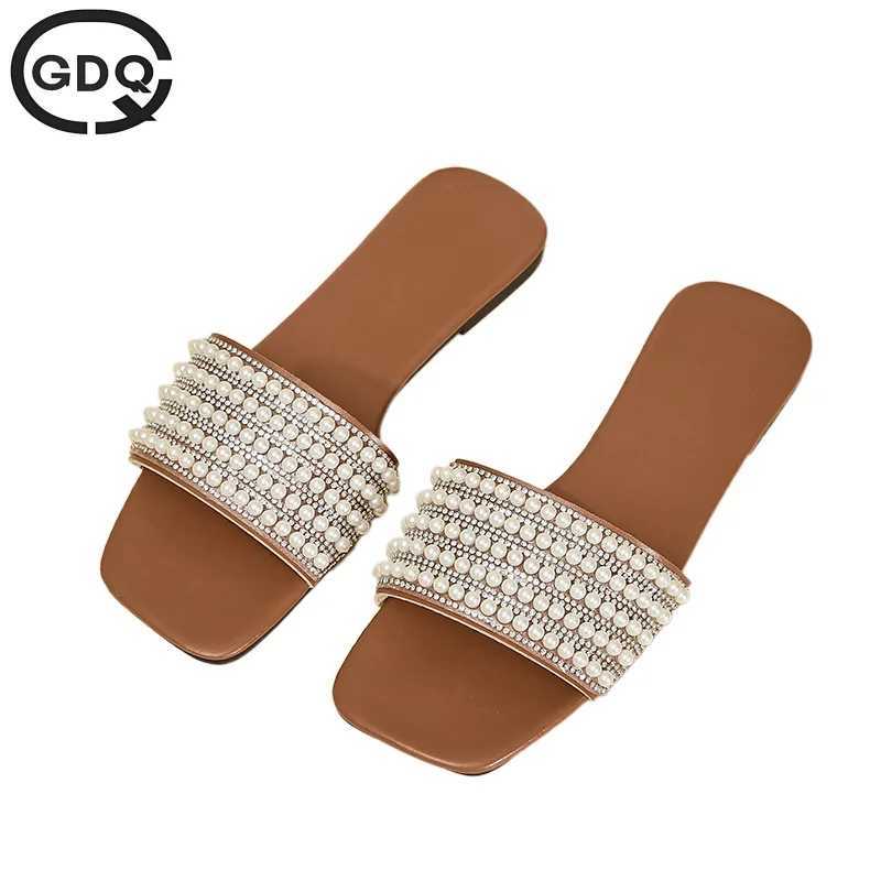 GDQQ Wen Luxury Pearl Slippers 2024 Summer Square Toe Flats Slides Sandals Wan Cfortable N Slip Beach Flip Flops Big Y250306