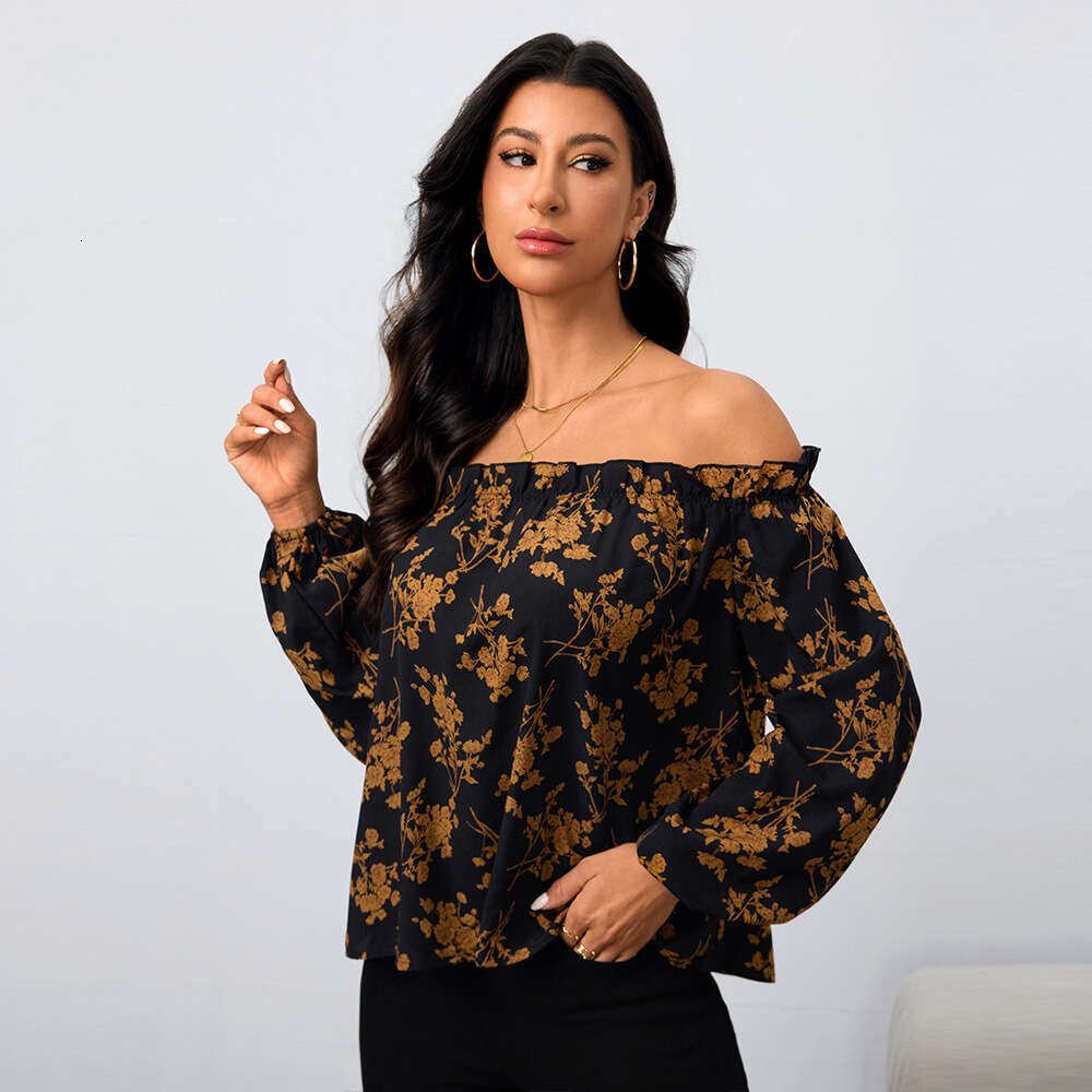 Women's Off Shoulder One Neck Women's Shirt Autumn And Winter New Floral Temperament Long Sleeved Top KLMY