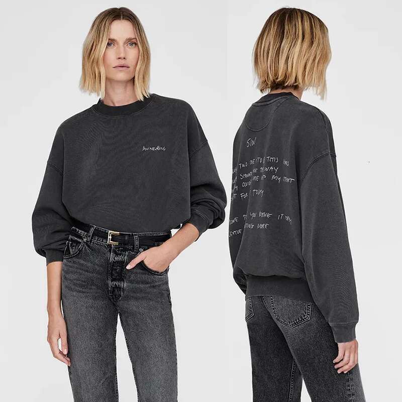 25 Spring New North American Niche AB Graffiti Letter Printing Washing Water Frying Color Old Black And Gray Women's Sweater