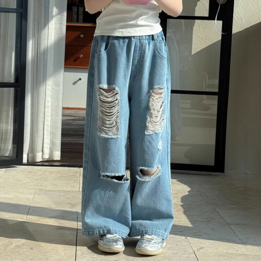 Ddmyshoesvip Children's 2025 summer new children's perforated jeans unisex trend style loose wide leg long pants