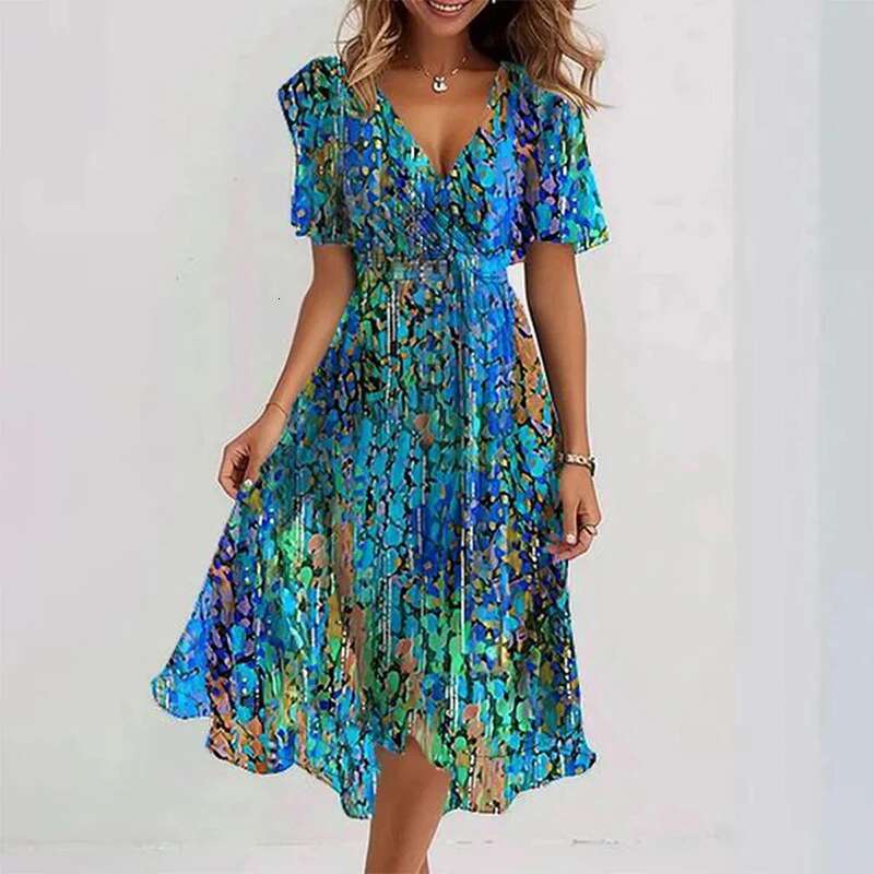 Spring Ral Print Chiffon Women Elegant V Neck Draped A-E Party Dress Summer Short Sleeve High-Waist Office Dresses
