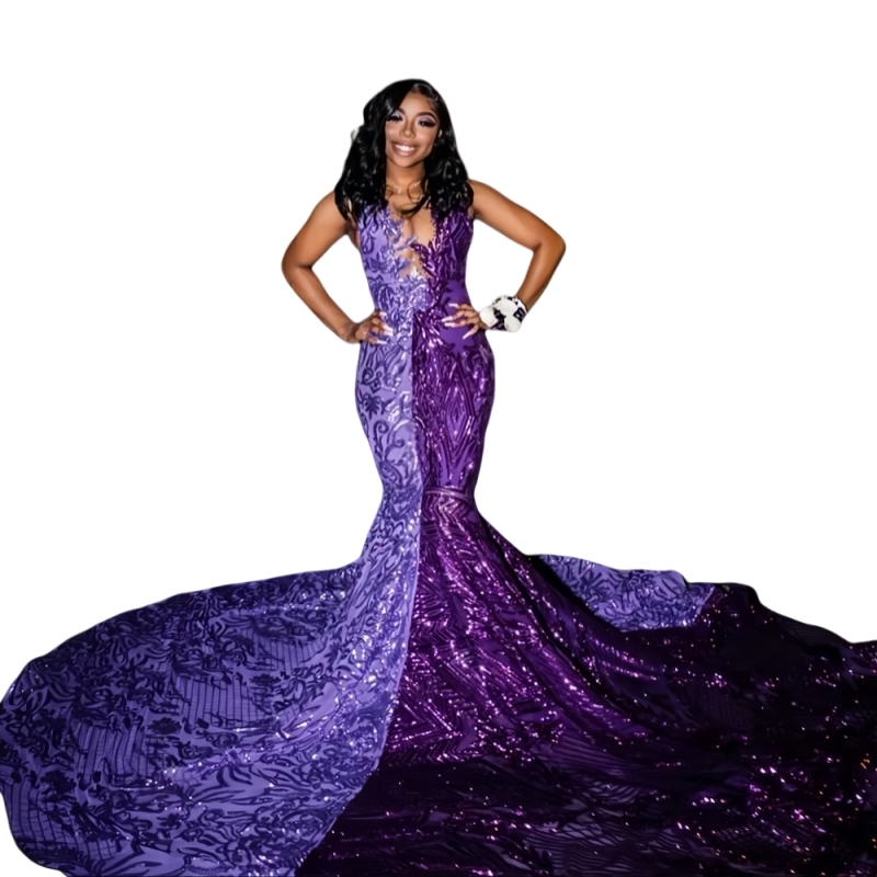 Glitter Sequined Mermaid Prom Dresses Lavender And Purple African Pageant Party Gowns Sleeveless Sheer V-Neck Colorful Shiny Evening Dress For Black G