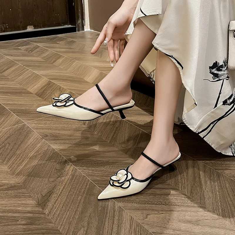 Low Slippers Soft Flat Shoes Fem Slippers Wen Beige Heeled Sandals Slides Pointed Toe Flower String Bead Med Fi Cfort Y250306