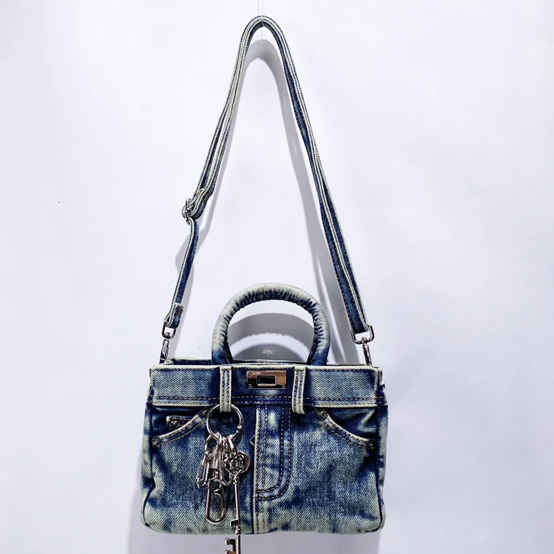 Lock Rivet Decoration Key Bags For Women Handbag Purses In Vintage Wash Water Denim Shoulder Crossbody 250306
