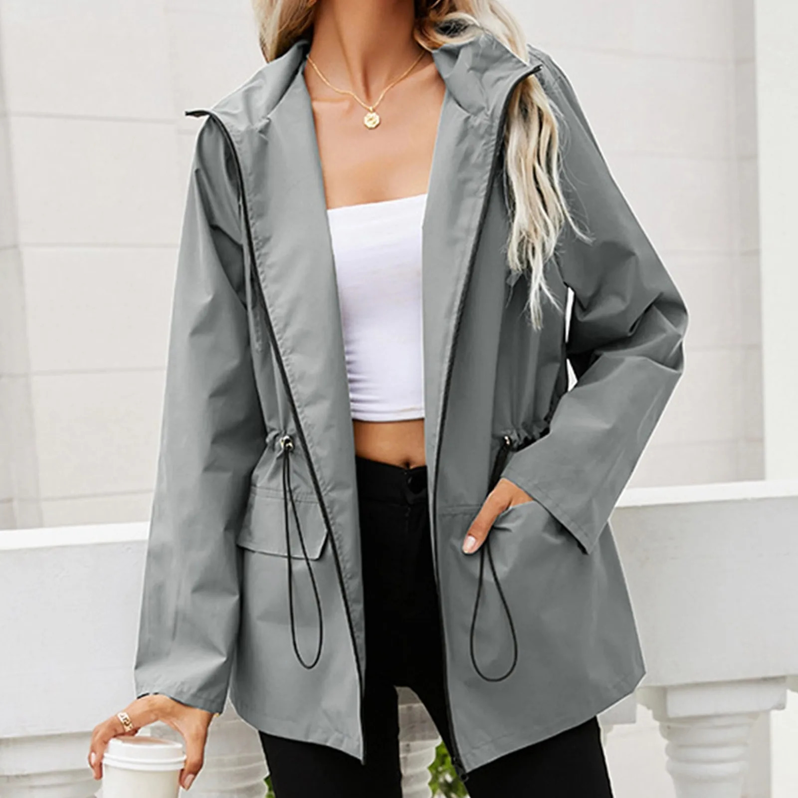 Jackets Women Plus Size Hooded Zipper Raincoat Outdoor Sports Windproof Jacket Casual Hiking Outerwear Coats Woman Clothing 250306