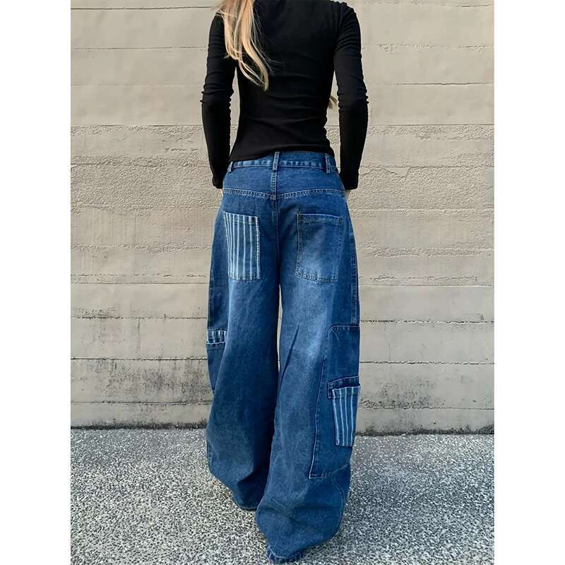 Blue Jeans Women Y2k American Hip Hop Vintage 2000S High Waisted Jean Straight Streetwear Casual Loose Wide Leg Denim Pants