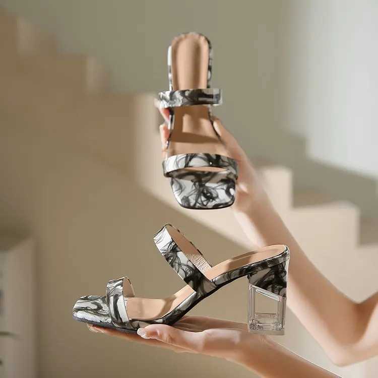 Transparent Crystal Heel Slippers Wens 2023 Summer New Large Square Slippers with Pattern Y250306