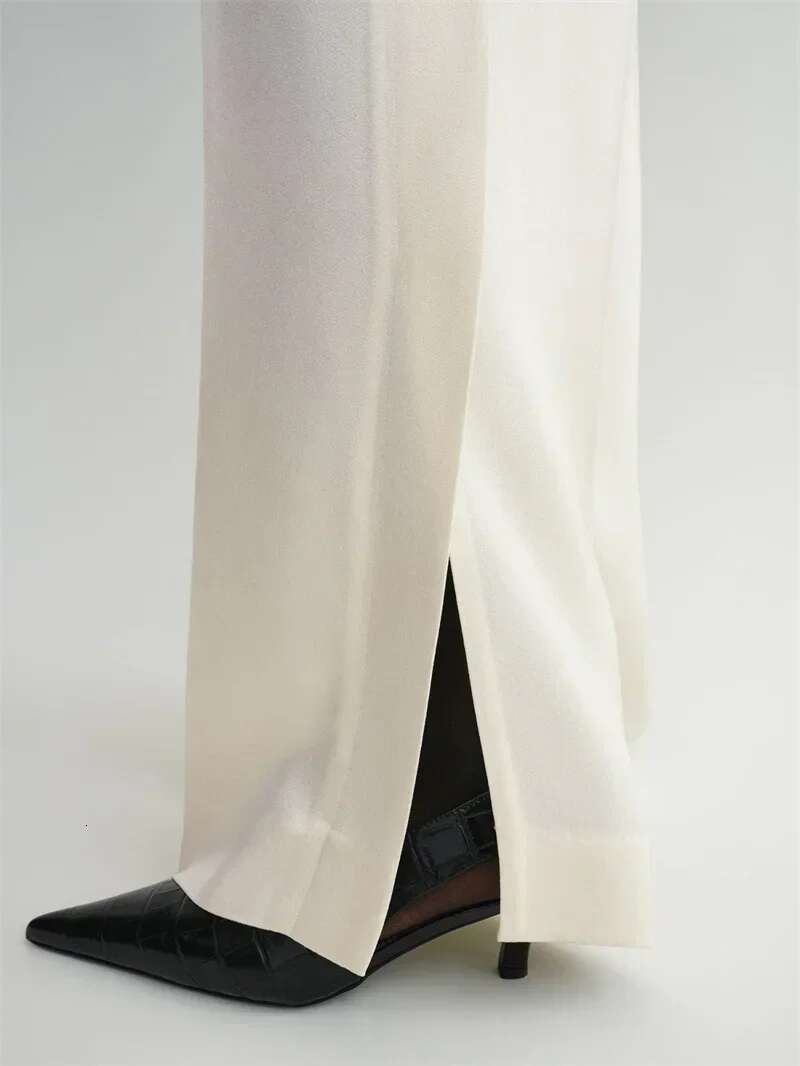 Women Slit Satin Straight Pants Commuting Solid Color Casual Lady Long Trousers 2025 Spring Summer New